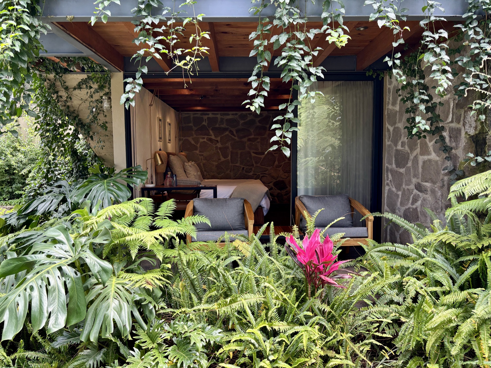 Jardín y terraza entre los árboles